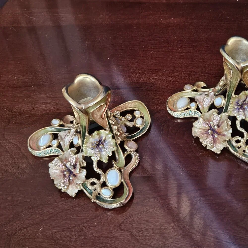 RARE 2 JAY STRONGWATER FLORA & FAUNA BLUSH ENAMEL CRYSTAL TAPER CANDLE HOLDER